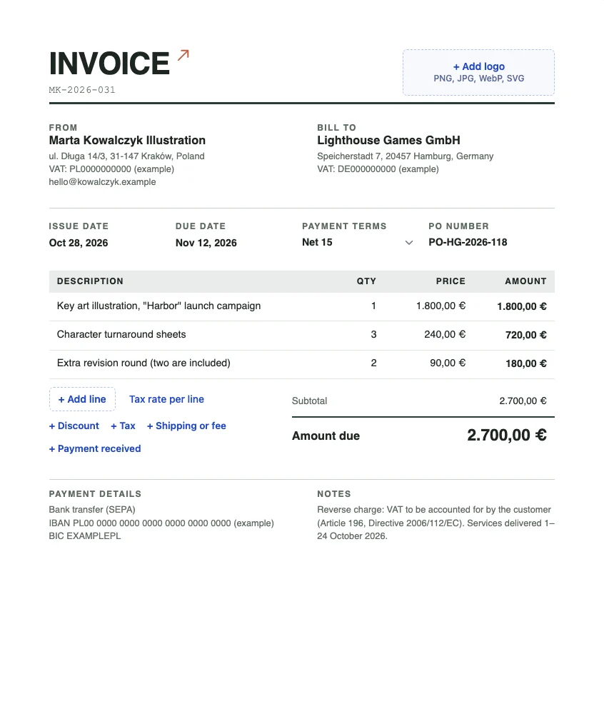 An invoice in euros from a Polish illustrator to a German game studio, with both VAT numbers, a reverse-charge note and SEPA bank details