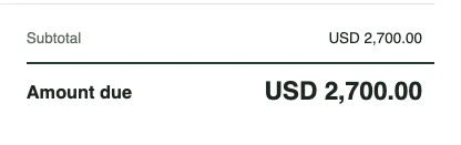 Totals of the same invoice in US dollars: subtotal USD 2,700.00 and amount due USD 2,700.00