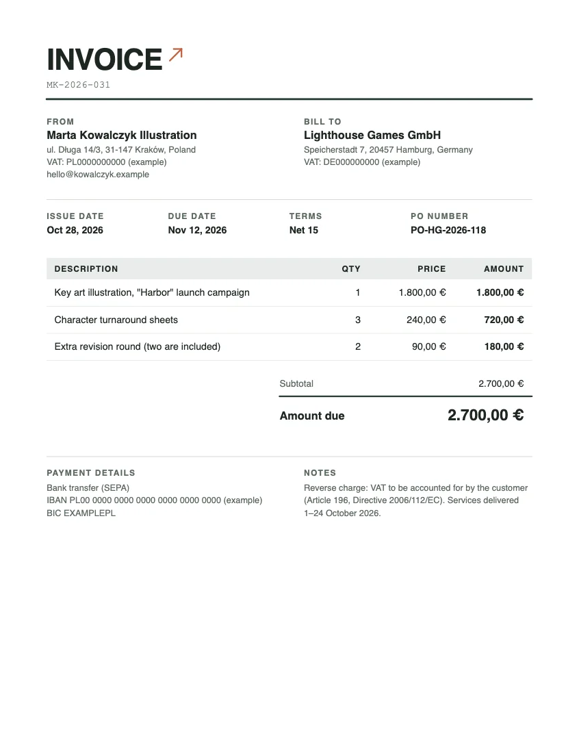 The euro invoice shown as the exact PDF page, one A4 page