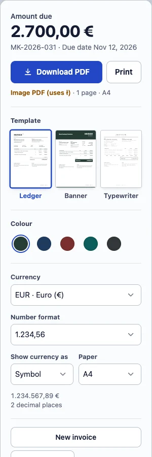 Billpad settings panel with Currency set to EUR, Number format 1.234,56 and Show currency as Symbol, with a preview of the format underneath