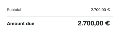 Totals of the euro invoice: subtotal 2.700,00 € and amount due 2.700,00 €