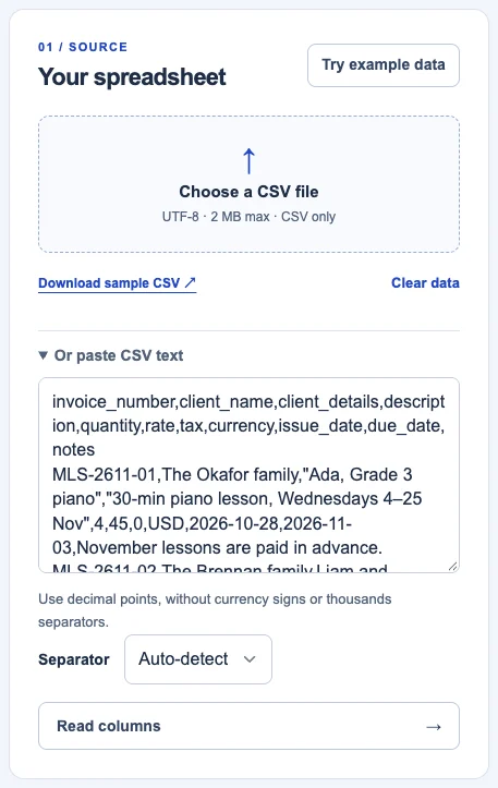 The batch invoices source step with the studio's CSV pasted in and the business name, address and payment details filled in