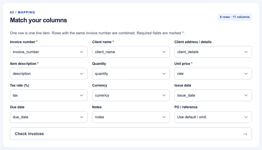The mapping step: invoice number, client name, client details, description, quantity, unit price, tax rate, currency, issue date, due date and notes each matched to a spreadsheet column