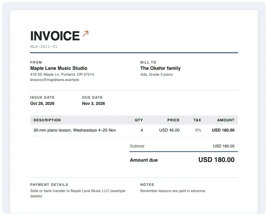 Preview of the Okafor family invoice: four 30-minute lessons at USD 45, amount due USD 180.00, due November 3, 2026