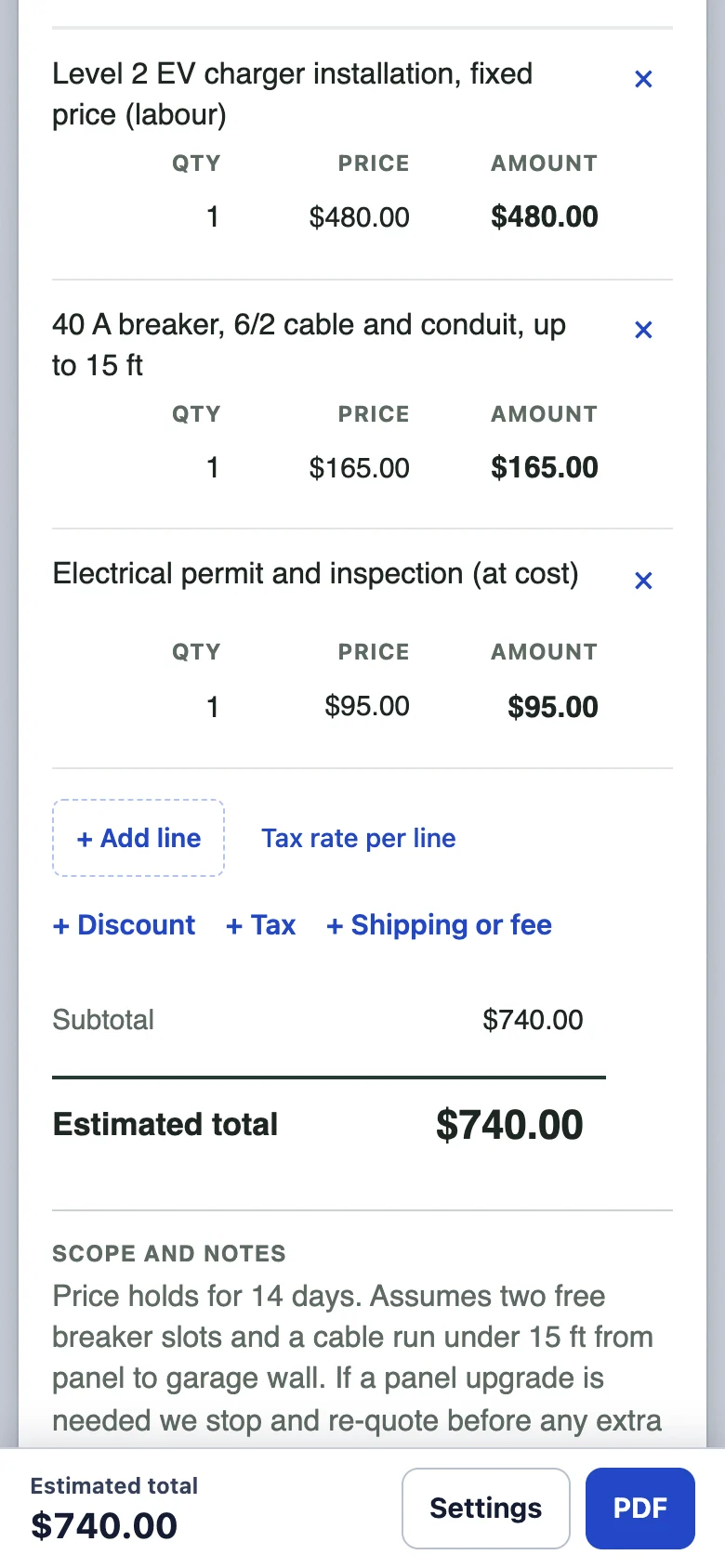 Three line items on the phone estimate: fixed-price installation, breaker and cable up to 15 feet, and the permit at cost, with an estimated total of $740 and the scope notes underneath