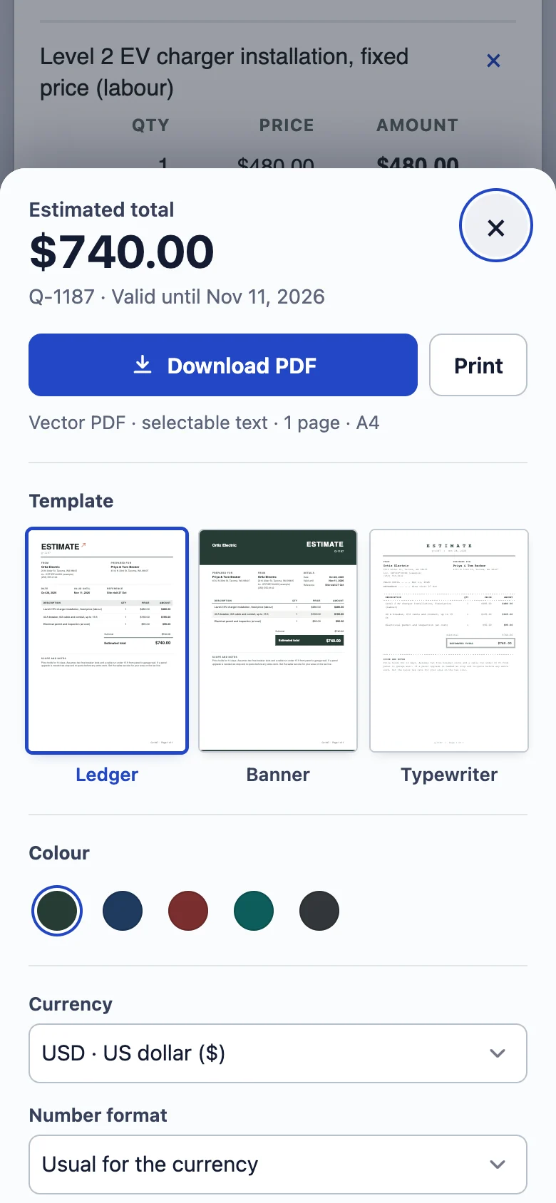 The settings sheet on the phone showing the estimated total of $740, valid until Nov 11, 2026, the Download PDF button and the template choices