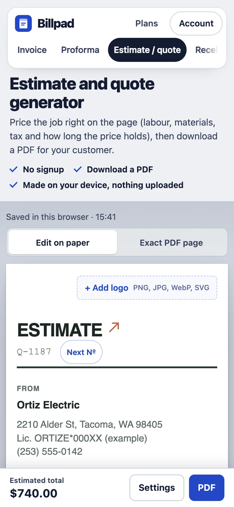 Billpad estimate generator on a phone, showing the estimate number Q-1187, the Next number button and the electrician's details