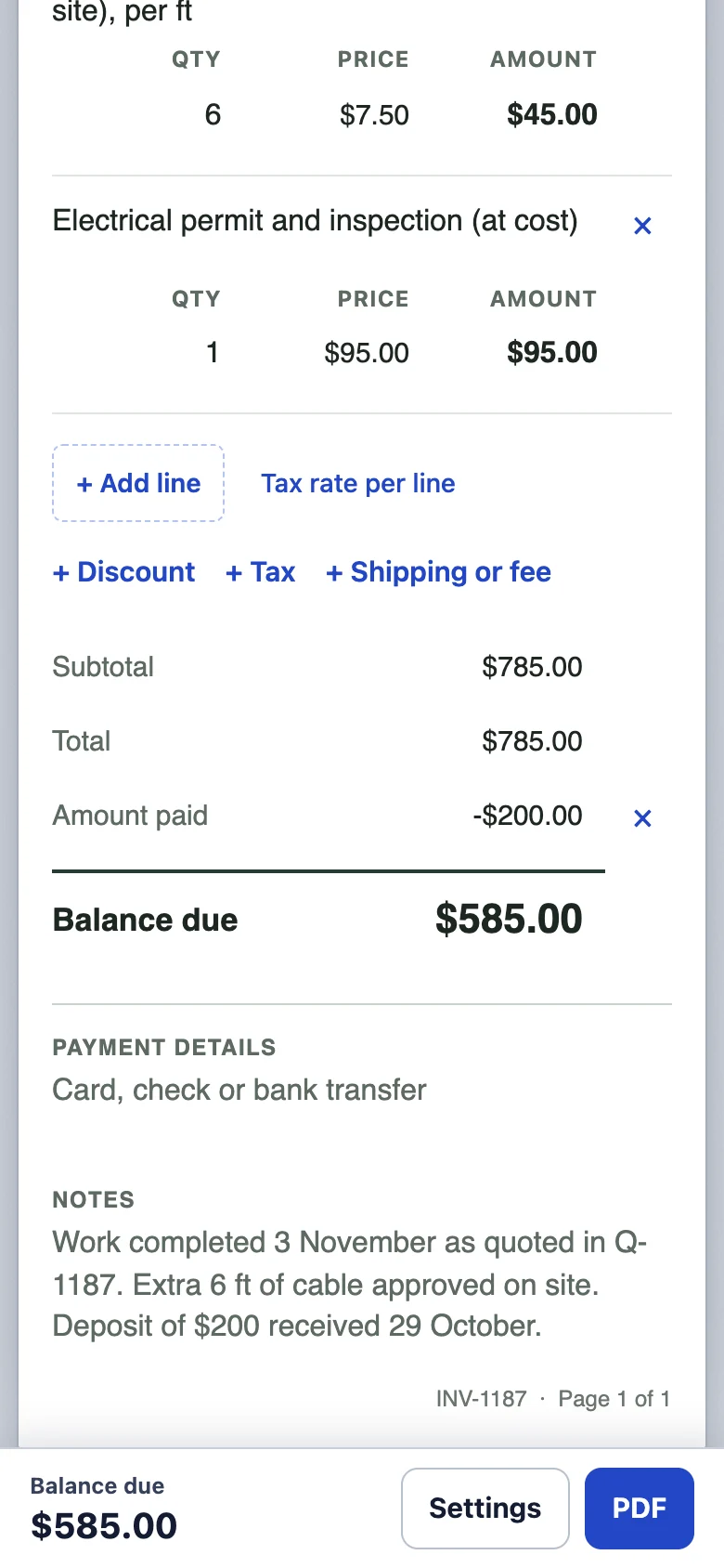 The phone invoice showing a total of $785, amount paid minus $200 and a balance due of $585, with notes about the approved extra cable and the deposit
