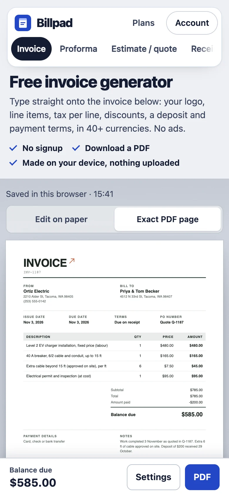 The exact PDF page of the invoice on a phone screen, showing all four lines, the deposit and the balance due of $585